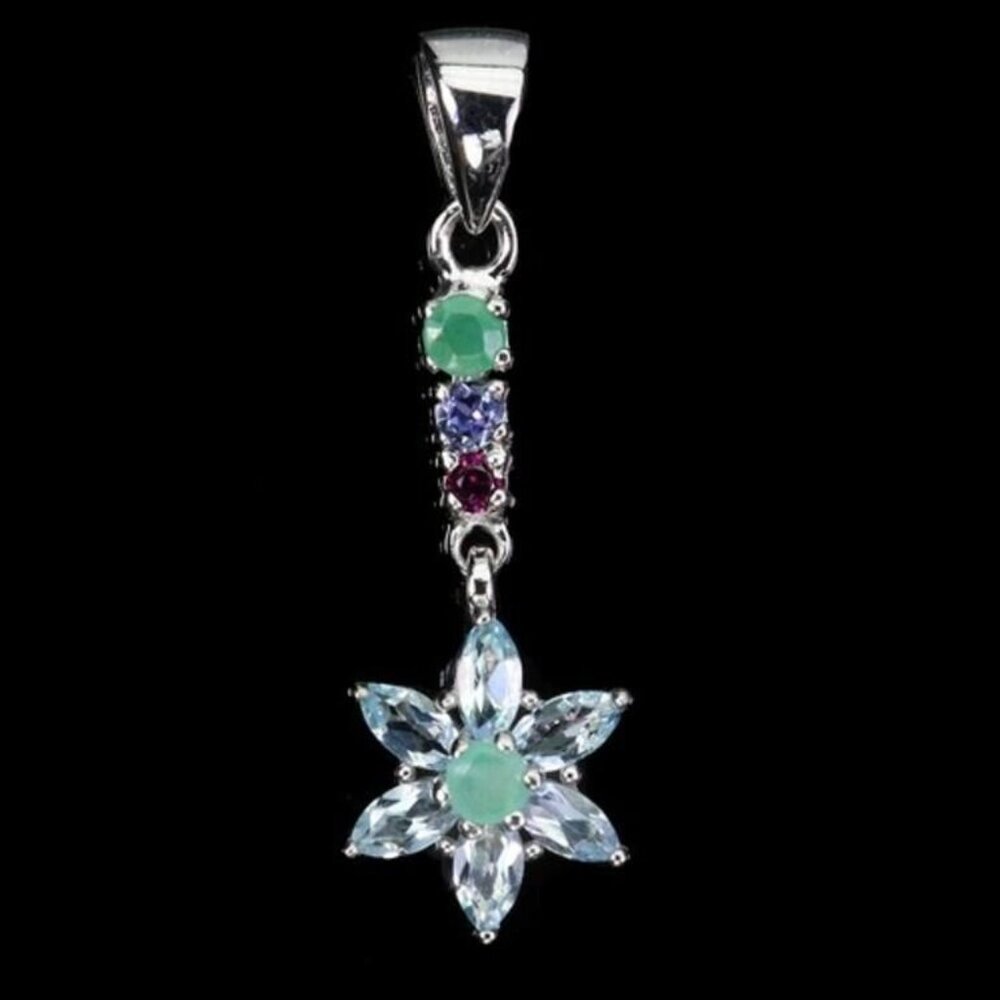 925 Sterling Silver Pendant Marquise Sky Blue Topaz Emerald Tanzanite Garnet